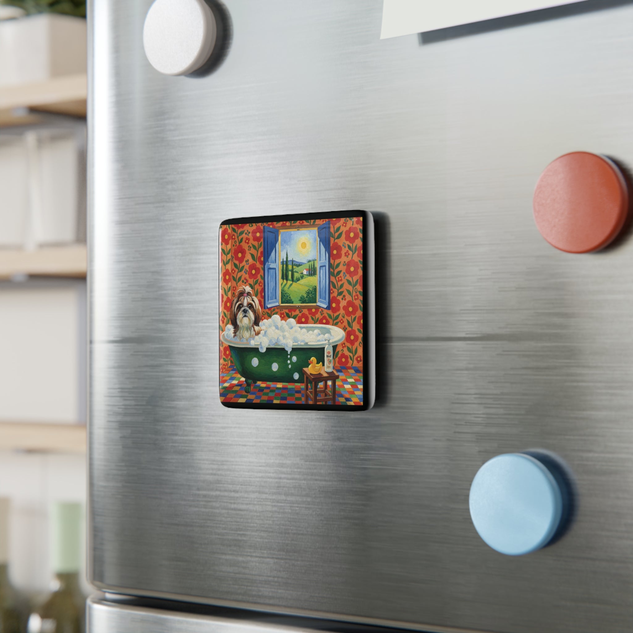 Funny Shih Tzu Bath Porcelain Magnet — Square Dog Lover Gift