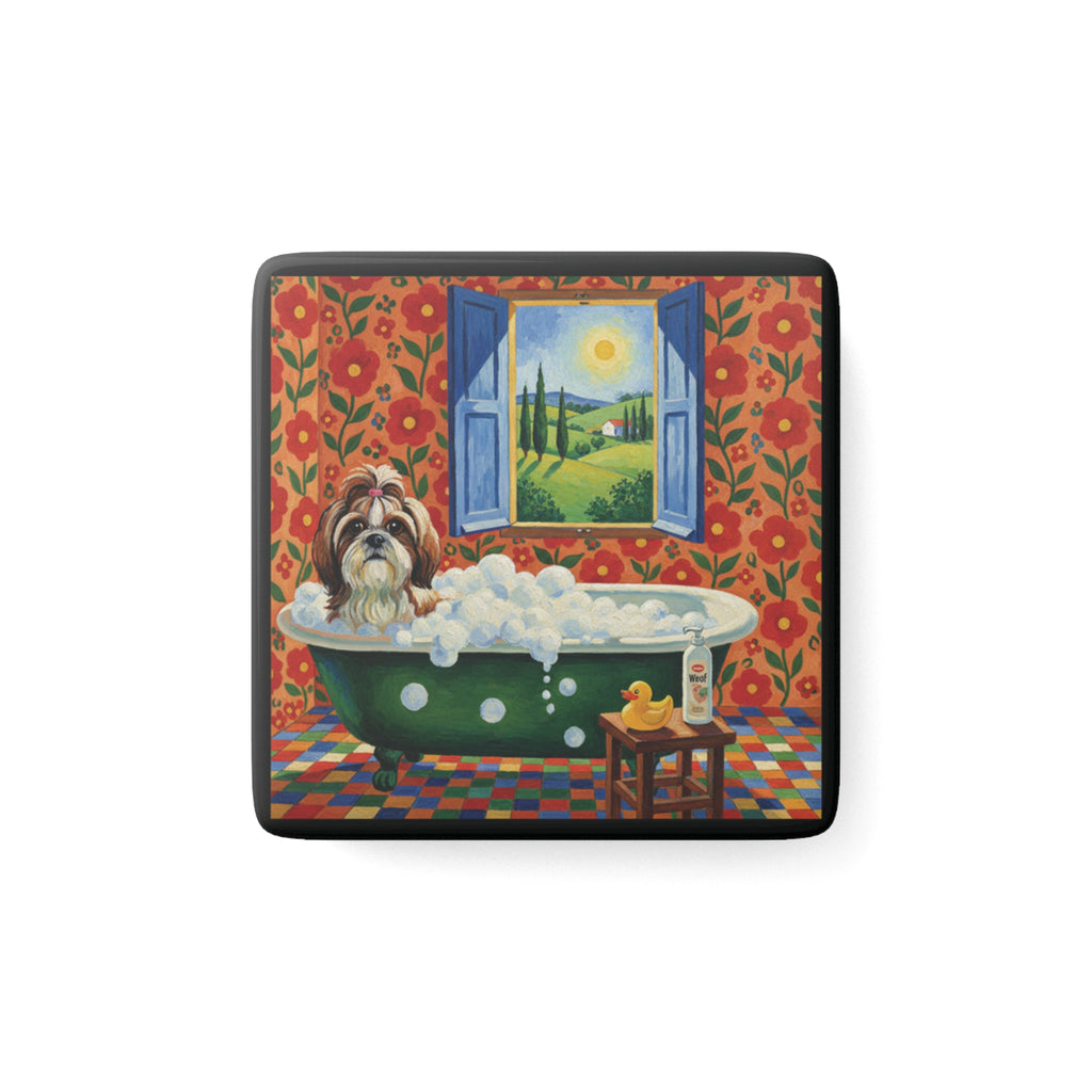 Funny Shih Tzu Bath Porcelain Magnet — Square Dog Lover Gift